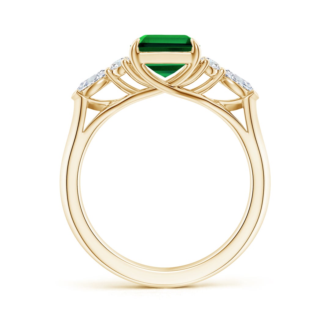 9x7mm Labgrown Lab-Grown Emerald-Cut Emerald Side Stone Engagement Ring with Diamonds in Yellow Gold - side 2