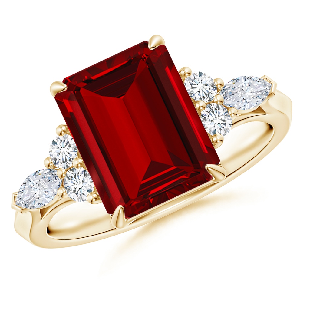 10x8mm Labgrown Emerald-Cut Lab-Grown Ruby Side Stone Engagement Ring with Diamonds in Yellow Gold