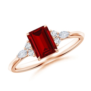 7x5mm Labgrown Emerald-Cut Lab-Grown Ruby Side Stone Engagement Ring with Diamonds in Rose Gold