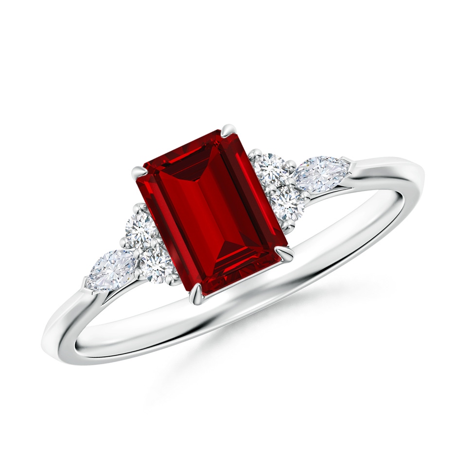 7x5mm Labgrown Emerald-Cut Lab-Grown Ruby Side Stone Engagement Ring with Diamonds in White Gold 