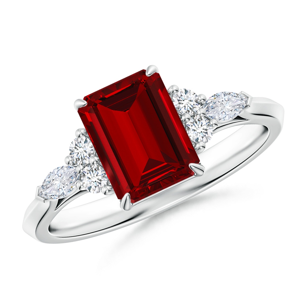 8x6mm Labgrown Emerald-Cut Lab-Grown Ruby Side Stone Engagement Ring with Diamonds in 18K White Gold