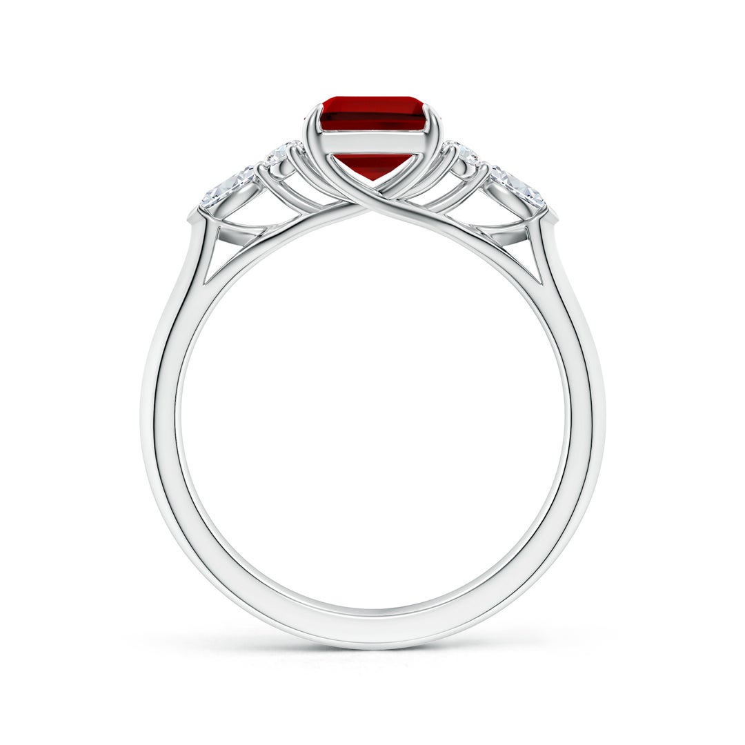 8x6mm Labgrown Emerald-Cut Lab-Grown Ruby Side Stone Engagement Ring with Diamonds in 18K White Gold - side 2