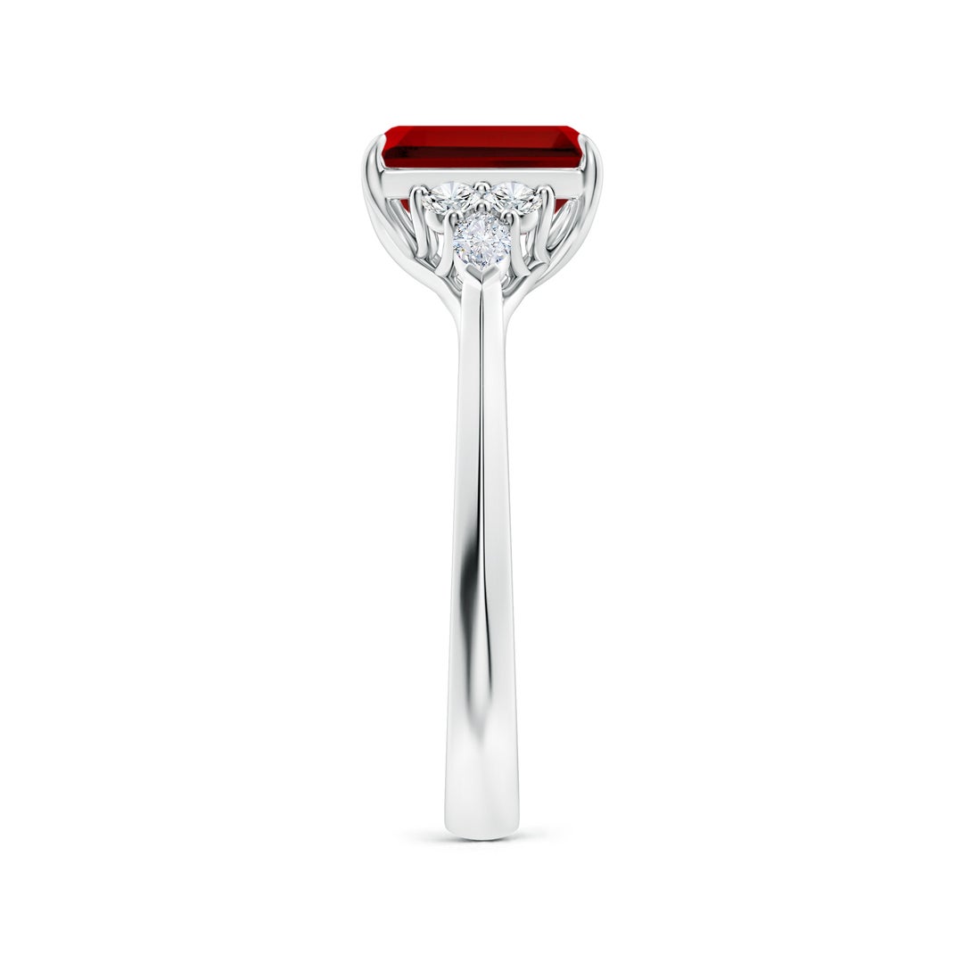 8x6mm Labgrown Emerald-Cut Lab-Grown Ruby Side Stone Engagement Ring with Diamonds in 18K White Gold - side 3