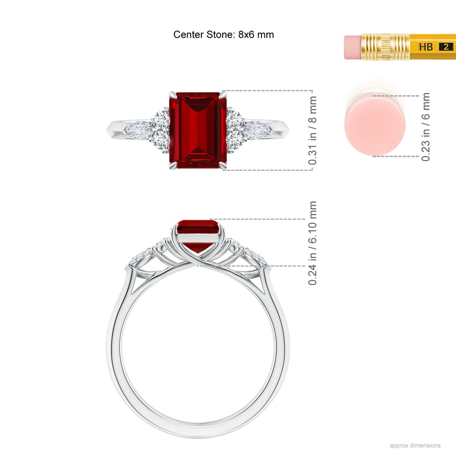 8x6mm Labgrown Emerald-Cut Lab-Grown Ruby Side Stone Engagement Ring with Diamonds in 18K White Gold ruler