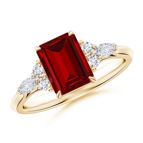 8x6mm Labgrown Emerald-Cut Lab-Grown Ruby Side Stone Engagement Ring with Diamonds in Yellow Gold