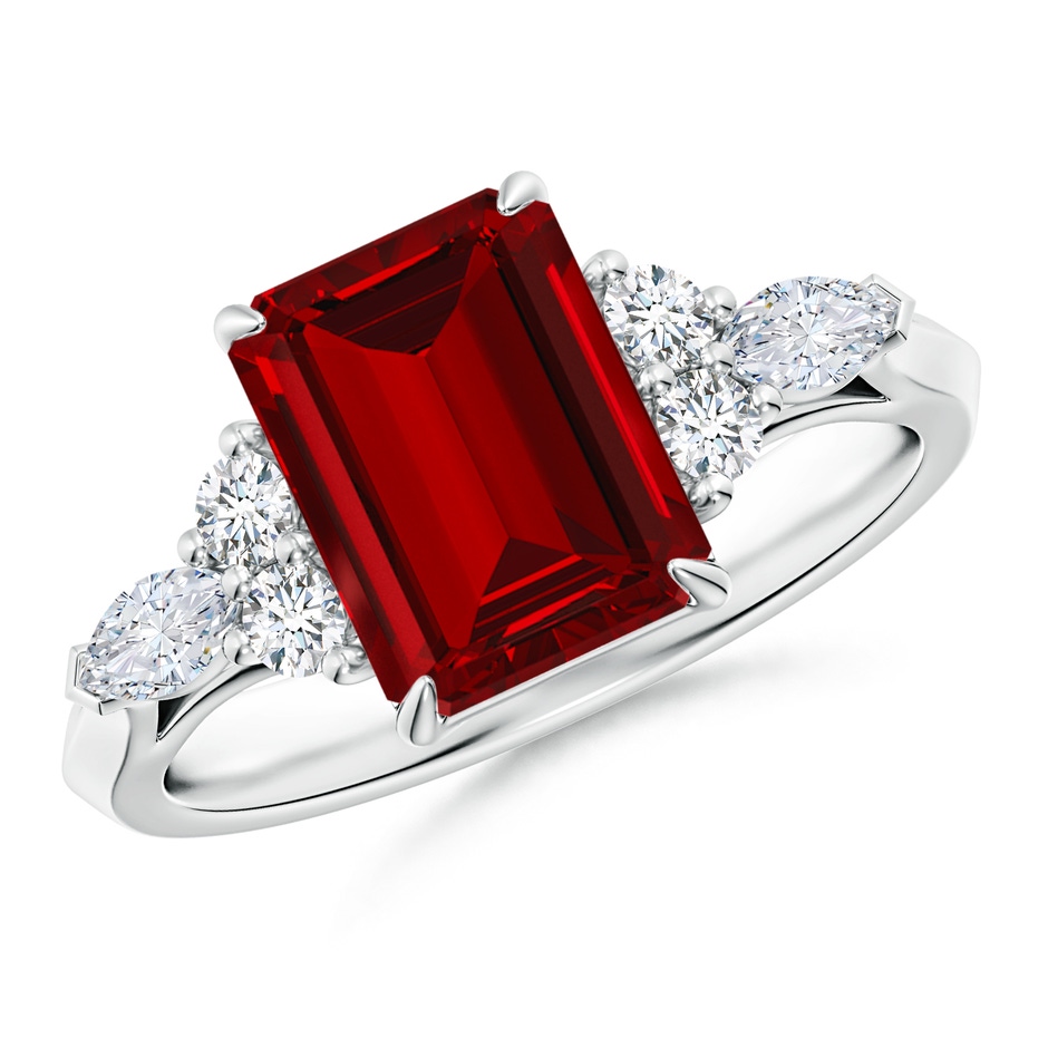 9x7mm Labgrown Emerald-Cut Lab-Grown Ruby Side Stone Engagement Ring with Diamonds in White Gold 