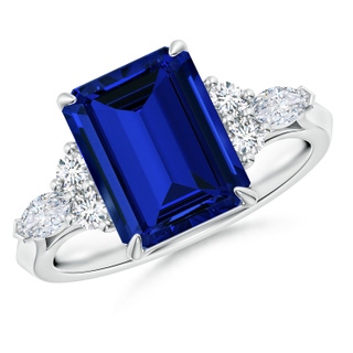 10x8mm Labgrown Emerald-Cut Lab-Grown Blue Sapphire Side Stone Engagement Ring with Diamonds in White Gold