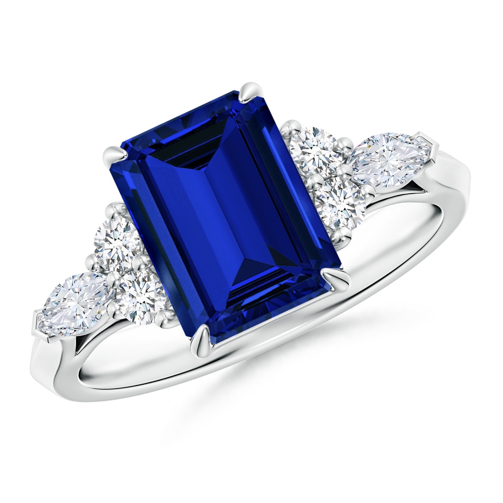 9x7mm Labgrown Emerald-Cut Lab-Grown Blue Sapphire Side Stone Engagement Ring with Diamonds in White Gold