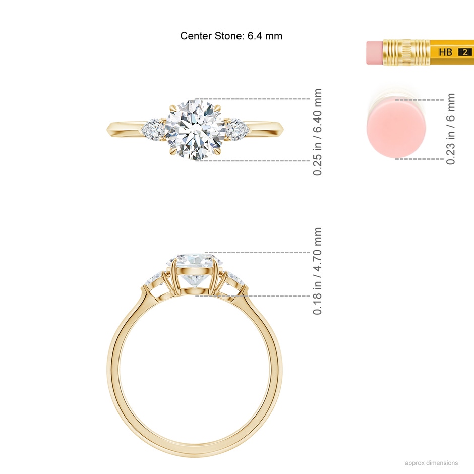 6.4mm FGVS Lab-Grown Round and Pear Diamond Three Stone Engagement Ring in Yellow Gold ruler