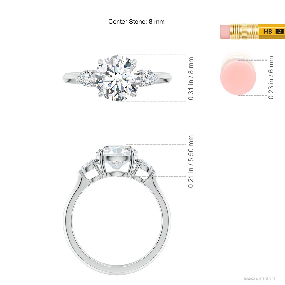 8mm FGVS Lab-Grown Round and Pear Diamond Three Stone Engagement Ring in White Gold ruler