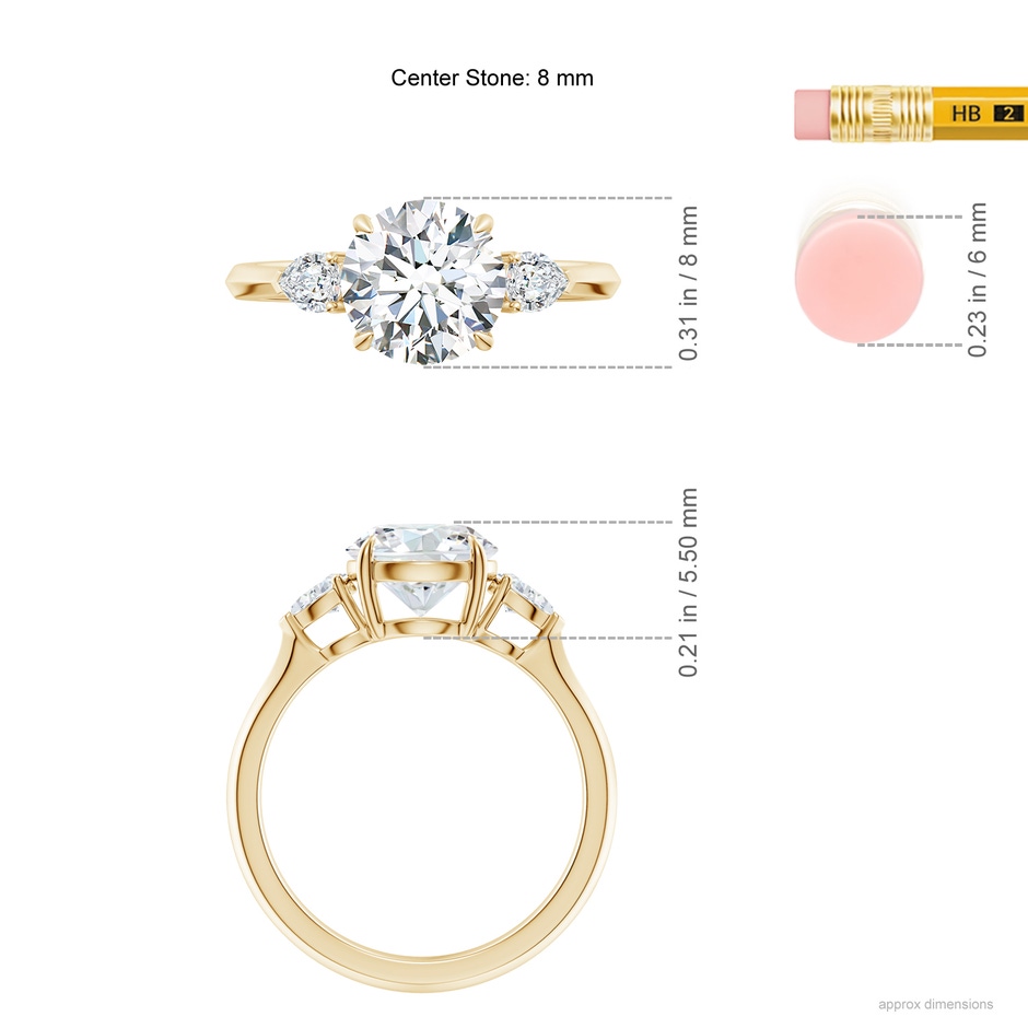 8mm FGVS Lab-Grown Round and Pear Diamond Three Stone Engagement Ring in Yellow Gold ruler