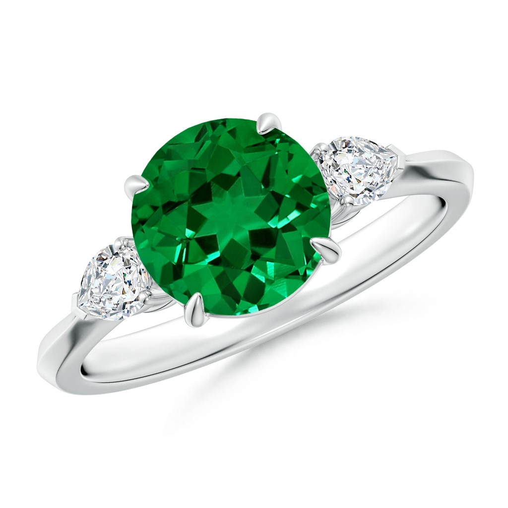 8mm Labgrown Lab-Grown Round Emerald and Pear Diamond Three Stone Engagement Ring in 18K White Gold