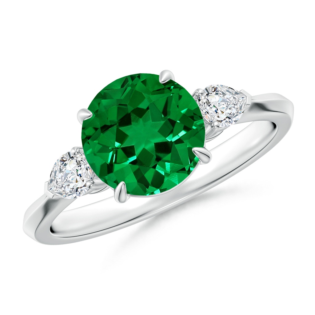 8mm Labgrown Lab-Grown Round Emerald and Pear Diamond Three Stone Engagement Ring in White Gold