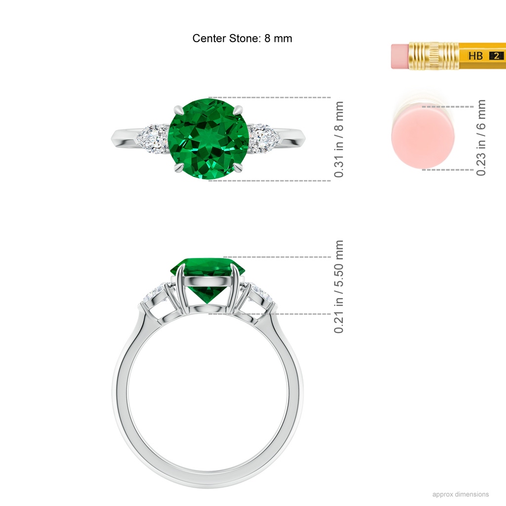 8mm Labgrown Lab-Grown Round Emerald and Pear Diamond Three Stone Engagement Ring in White Gold ruler