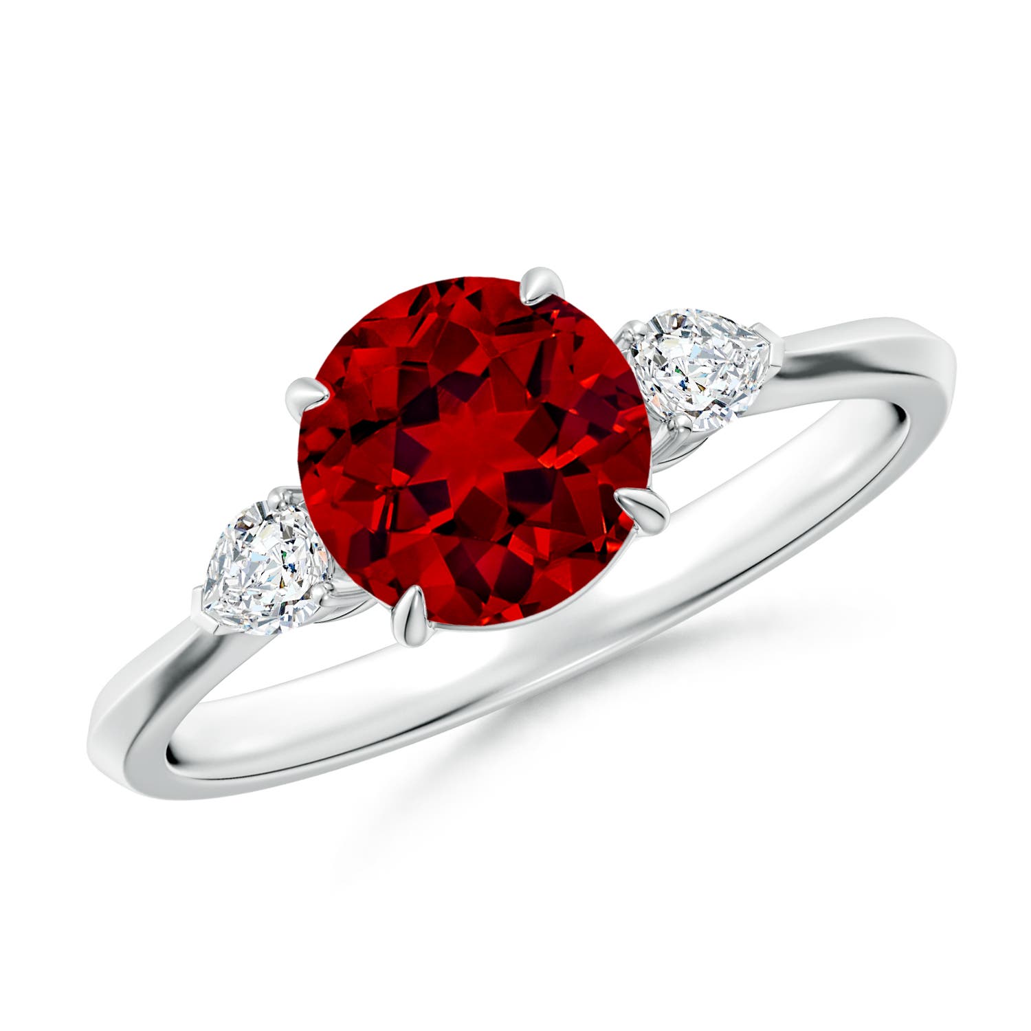 7mm Labgrown Lab-Grown Round Ruby and Pear Diamond Three Stone Engagement Ring in 18K White Gold