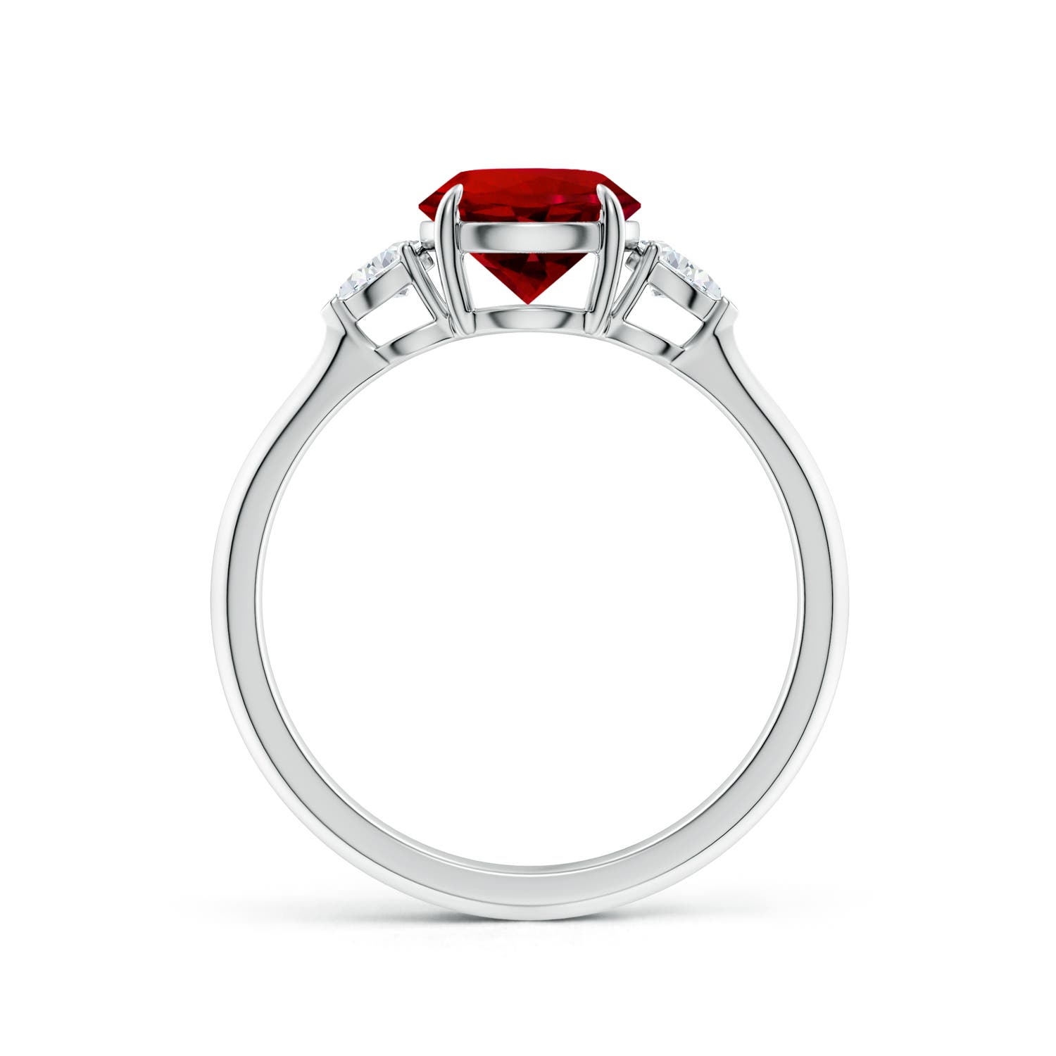 7mm Labgrown Lab-Grown Round Ruby and Pear Diamond Three Stone Engagement Ring in 18K White Gold