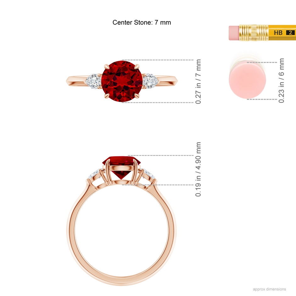 7mm Labgrown Lab-Grown Round Ruby and Pear Diamond Three Stone Engagement Ring in Rose Gold ruler