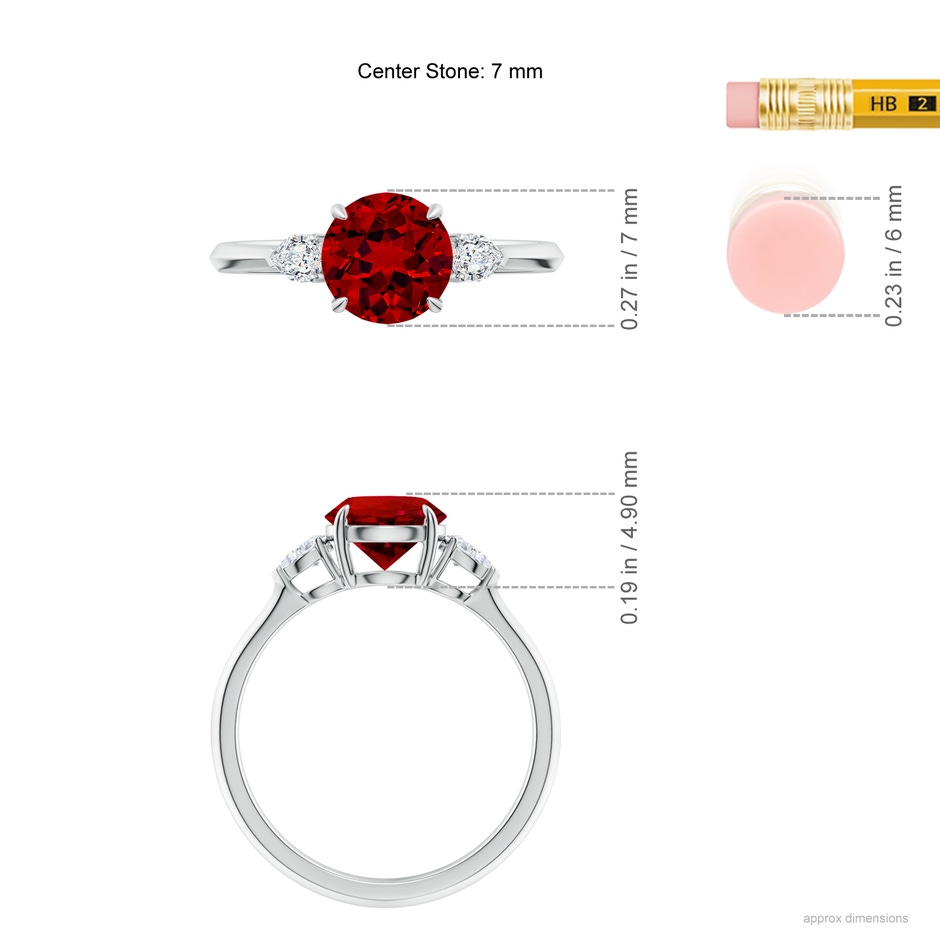 7mm Labgrown Lab-Grown Round Ruby and Pear Diamond Three Stone Engagement Ring in White Gold ruler
