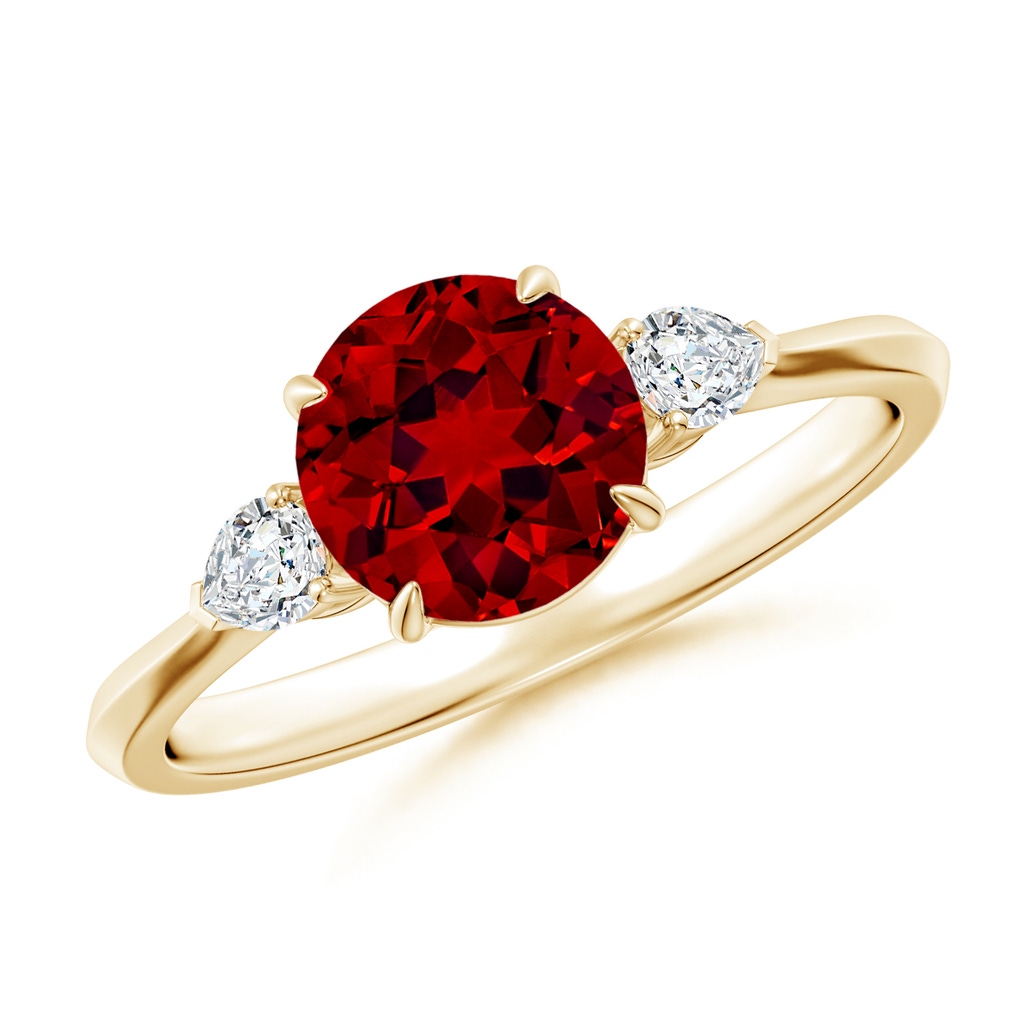 7mm Labgrown Lab-Grown Round Ruby and Pear Diamond Three Stone Engagement Ring in Yellow Gold