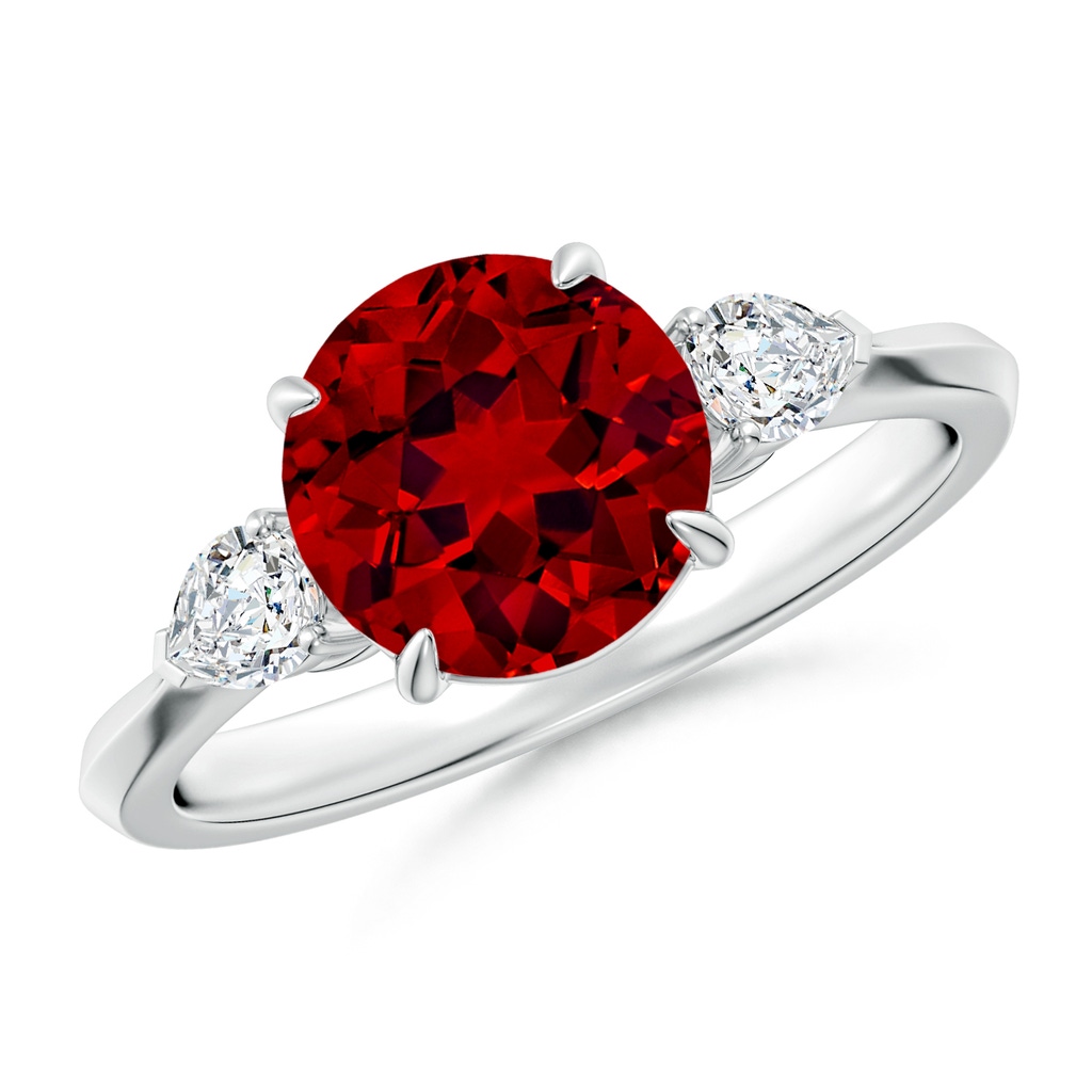 8mm Labgrown Lab-Grown Round Ruby and Pear Diamond Three Stone Engagement Ring in 18K White Gold