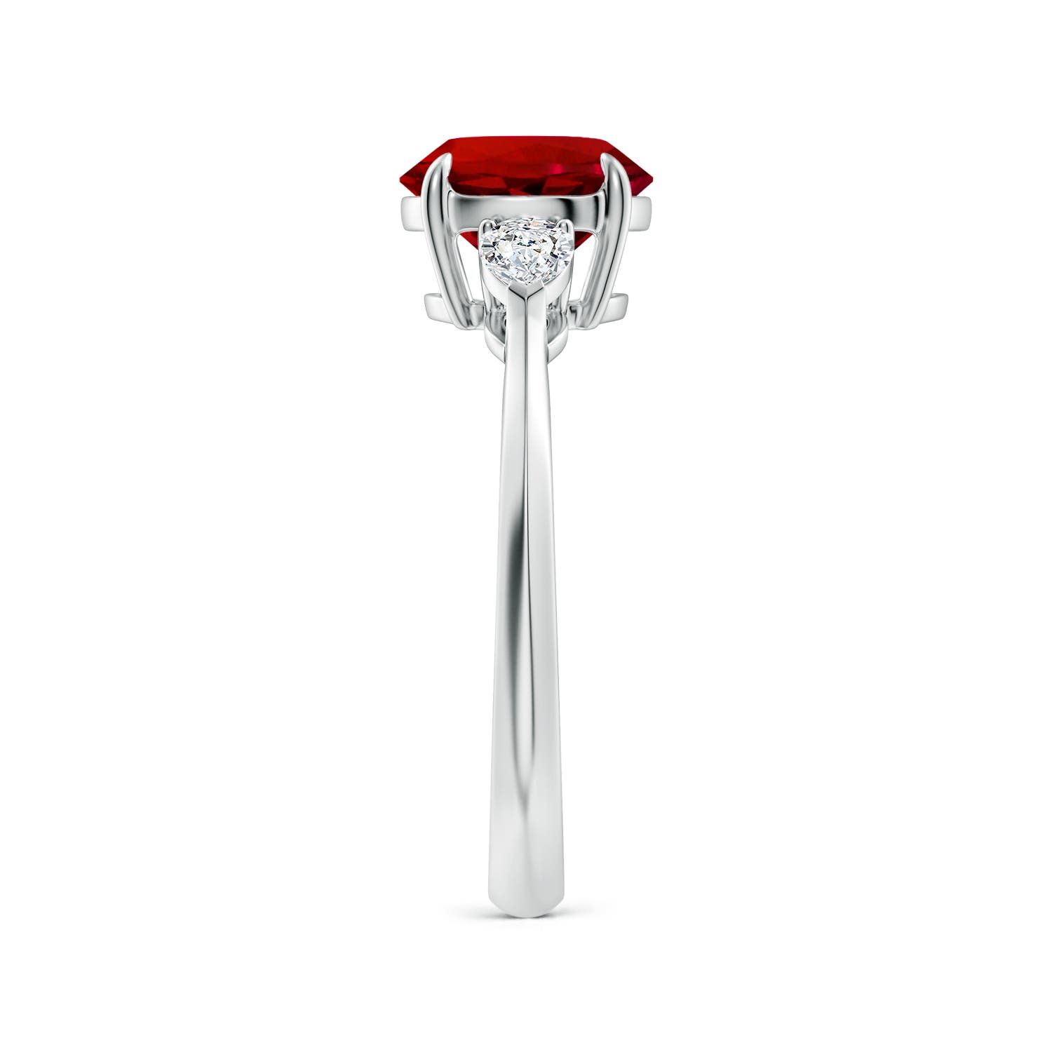 8mm Labgrown Lab-Grown Round Ruby and Pear Diamond Three Stone Engagement Ring in 18K White Gold - side 3
