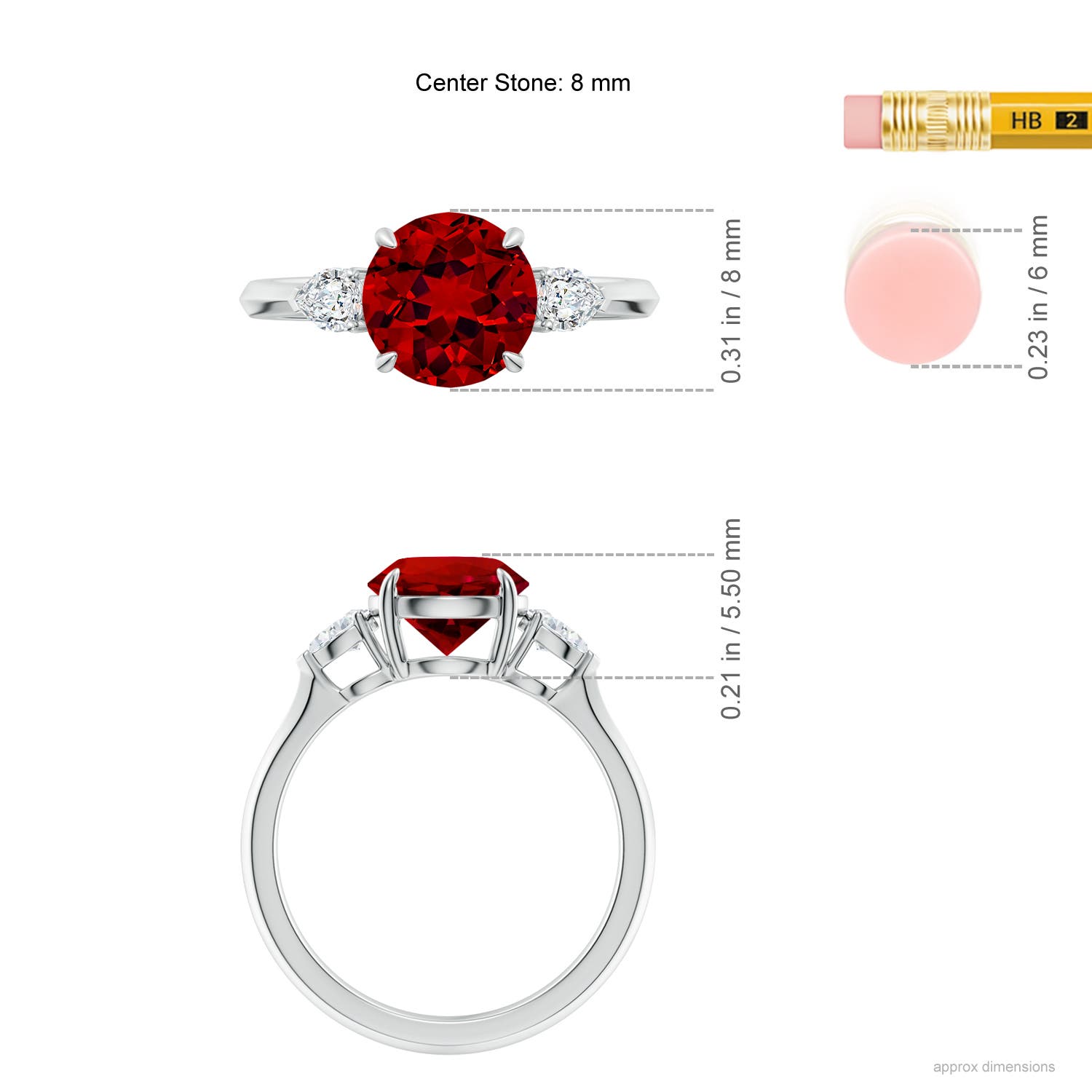 8mm Labgrown Lab-Grown Round Ruby and Pear Diamond Three Stone Engagement Ring in 18K White Gold - ruler