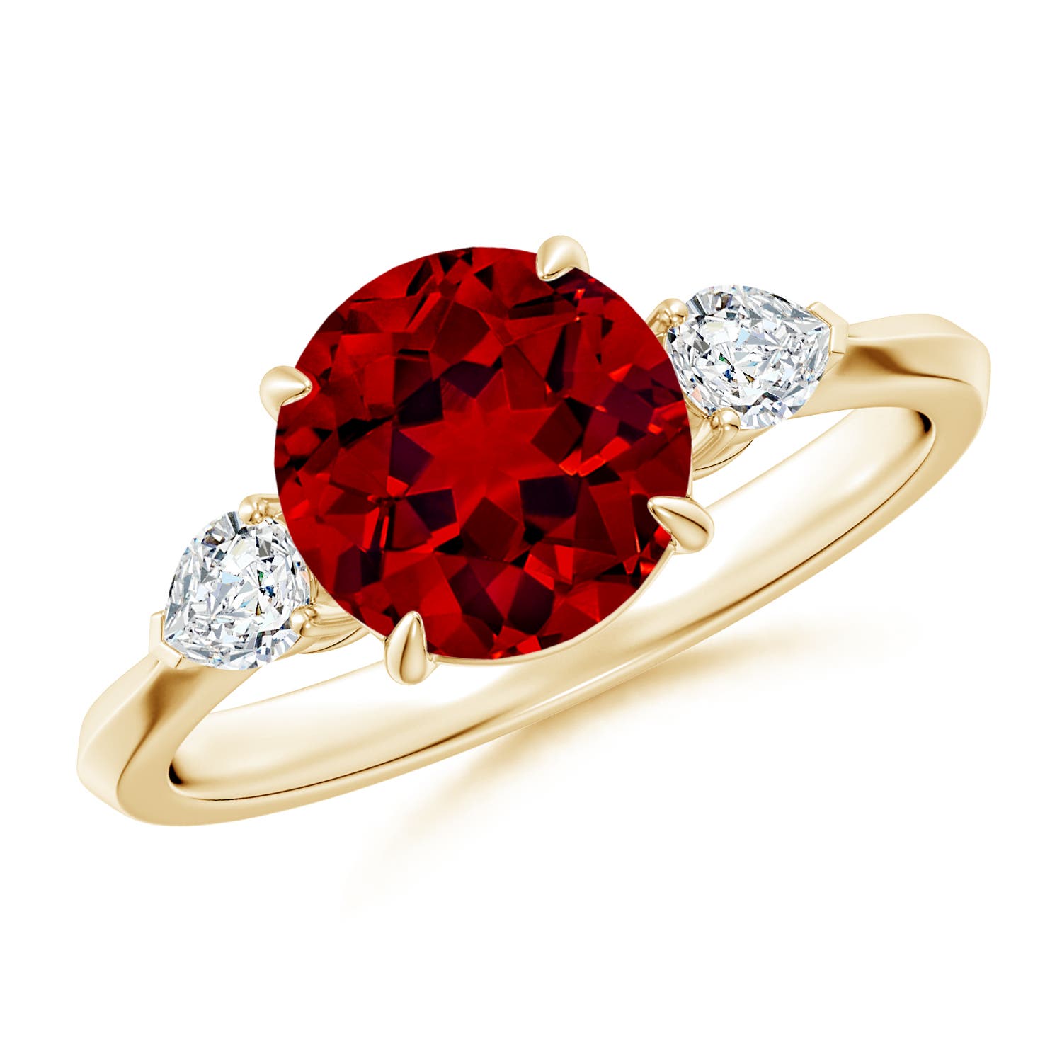 8mm Labgrown Lab-Grown Round Ruby and Pear Diamond Three Stone Engagement Ring in 18K Yellow Gold