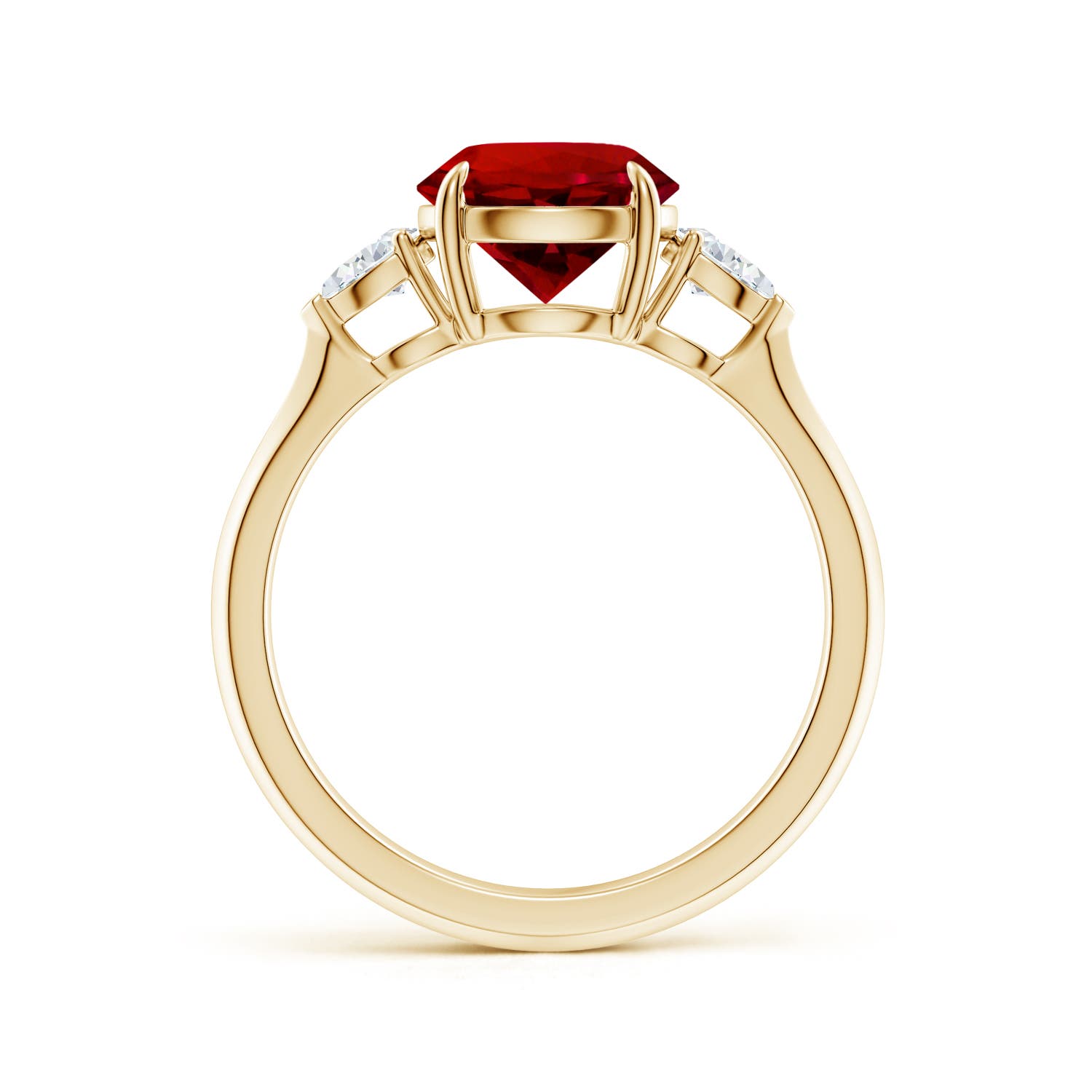 8mm Labgrown Lab-Grown Round Ruby and Pear Diamond Three Stone Engagement Ring in 18K Yellow Gold