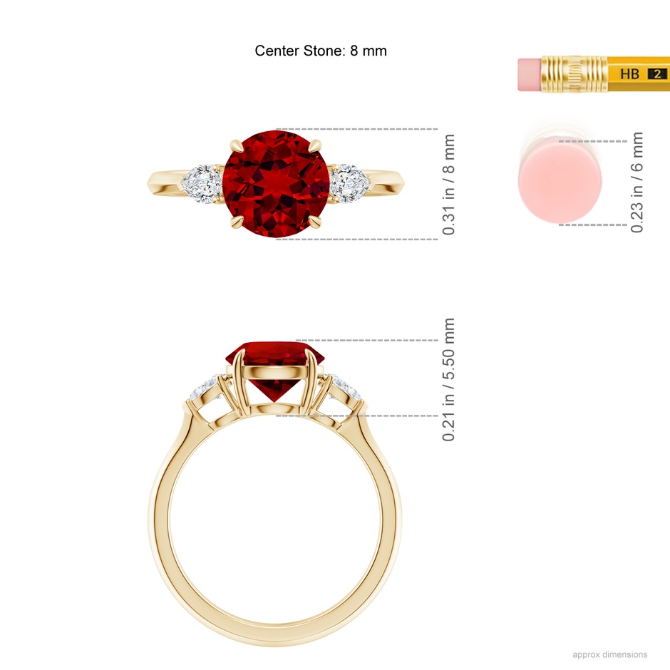 8mm Labgrown Lab-Grown Round Ruby and Pear Diamond Three Stone Engagement Ring in Yellow Gold ruler