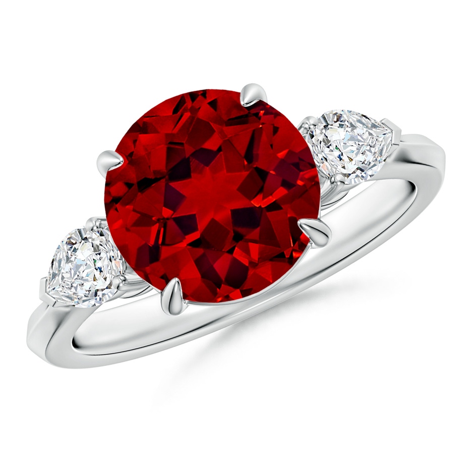 9mm Labgrown Lab-Grown Round Ruby and Pear Diamond Three Stone Engagement Ring in 18K White Gold 