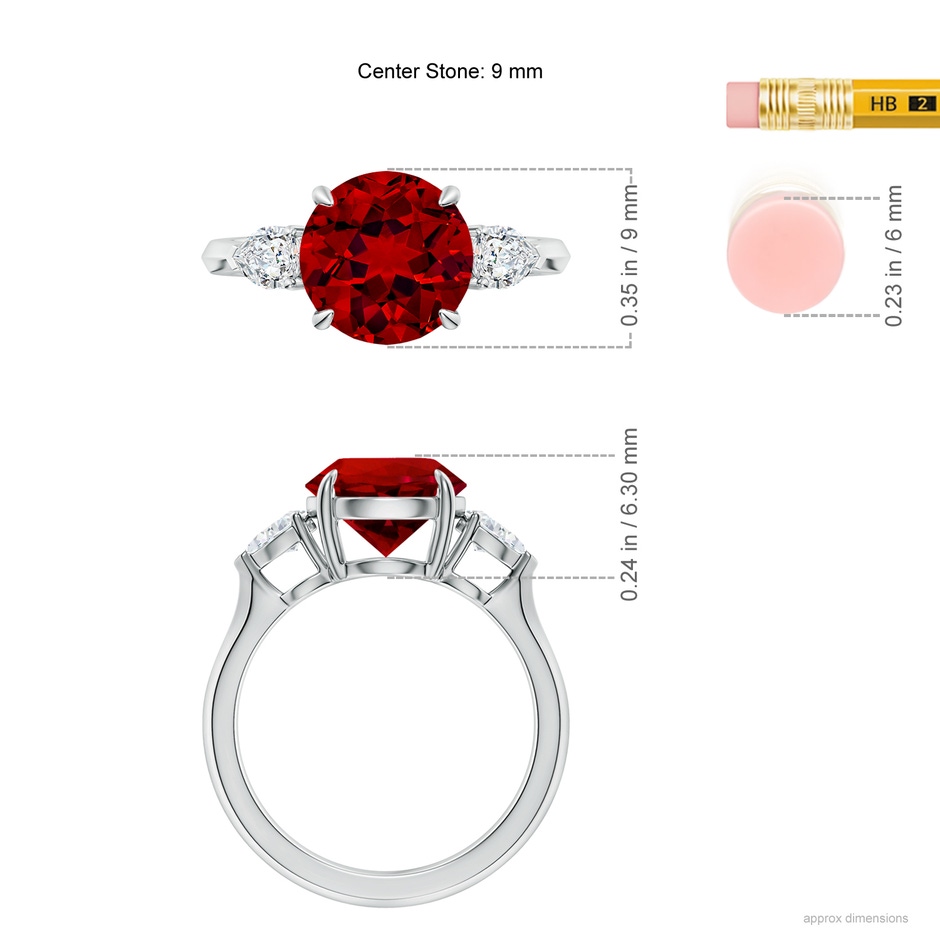 9mm Labgrown Lab-Grown Round Ruby and Pear Diamond Three Stone Engagement Ring in 18K White Gold ruler
