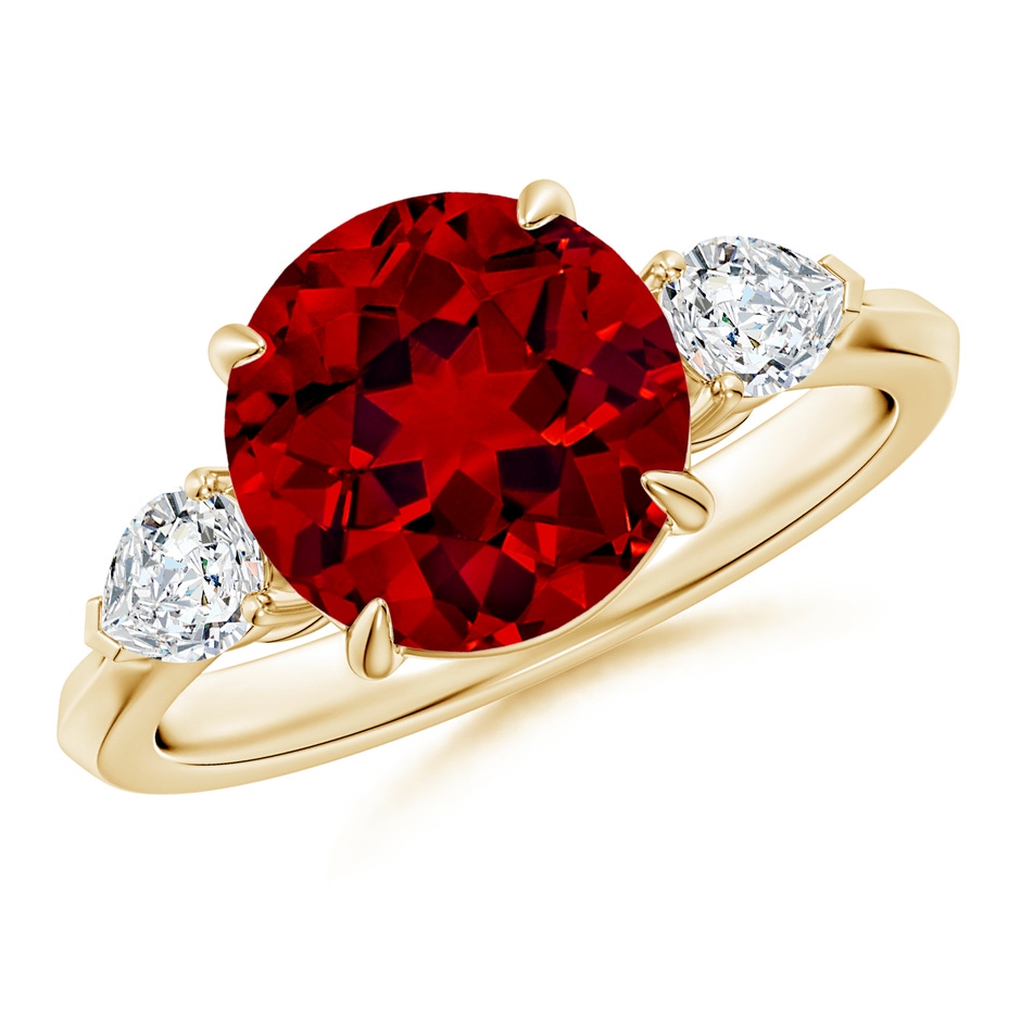 9mm Labgrown Lab-Grown Round Ruby and Pear Diamond Three Stone Engagement Ring in 18K Yellow Gold 