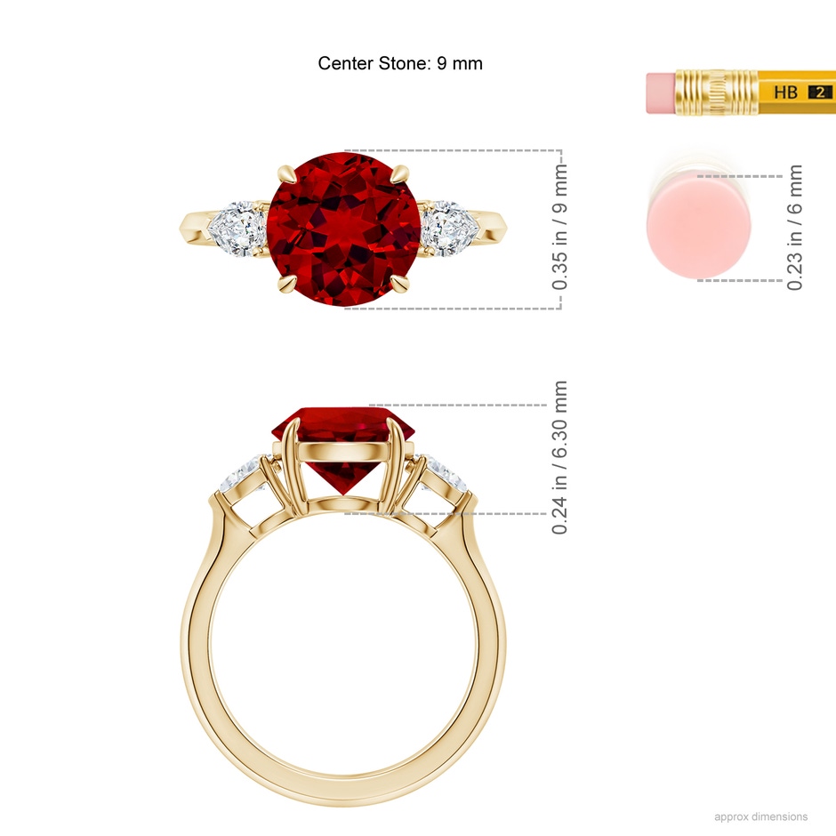 9mm Labgrown Lab-Grown Round Ruby and Pear Diamond Three Stone Engagement Ring in 18K Yellow Gold ruler