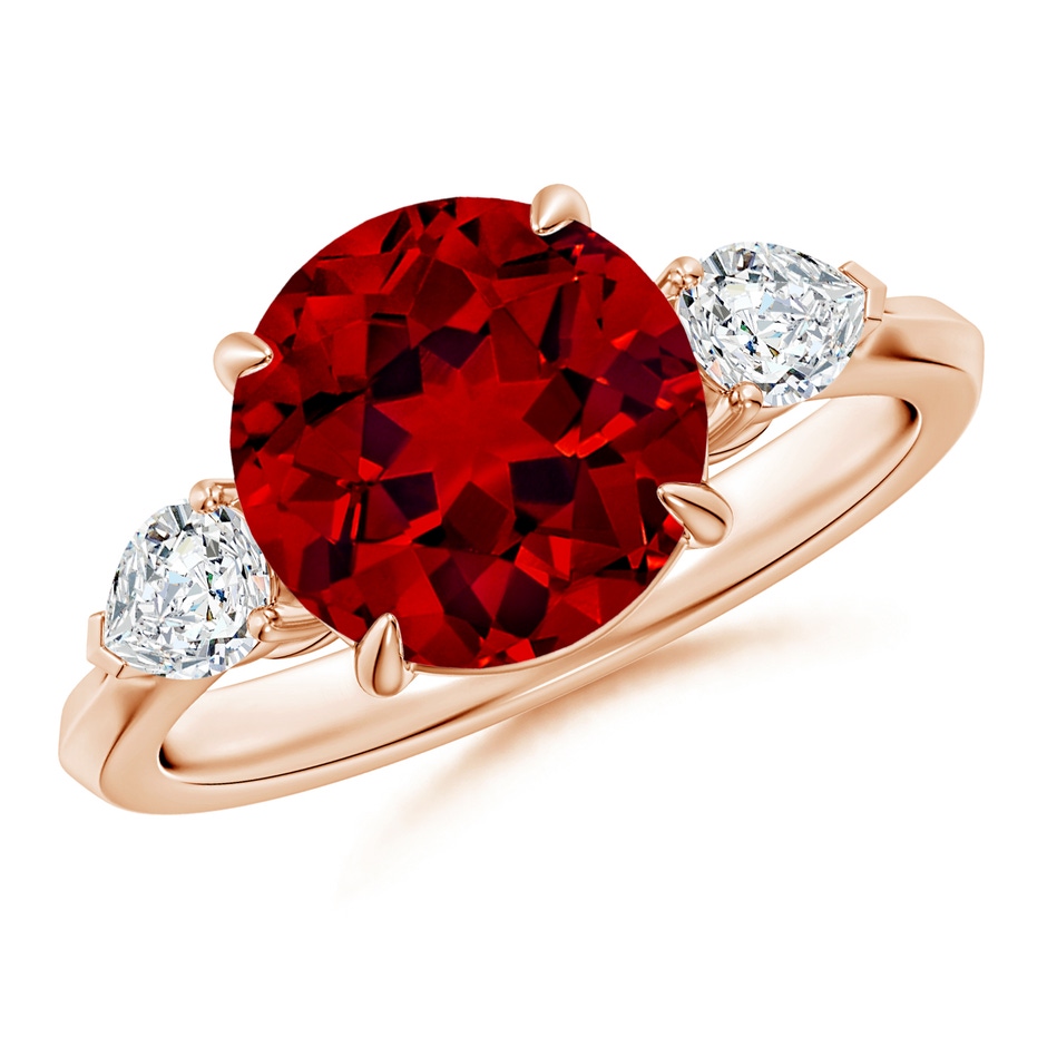 9mm Labgrown Lab-Grown Round Ruby and Pear Diamond Three Stone Engagement Ring in Rose Gold 