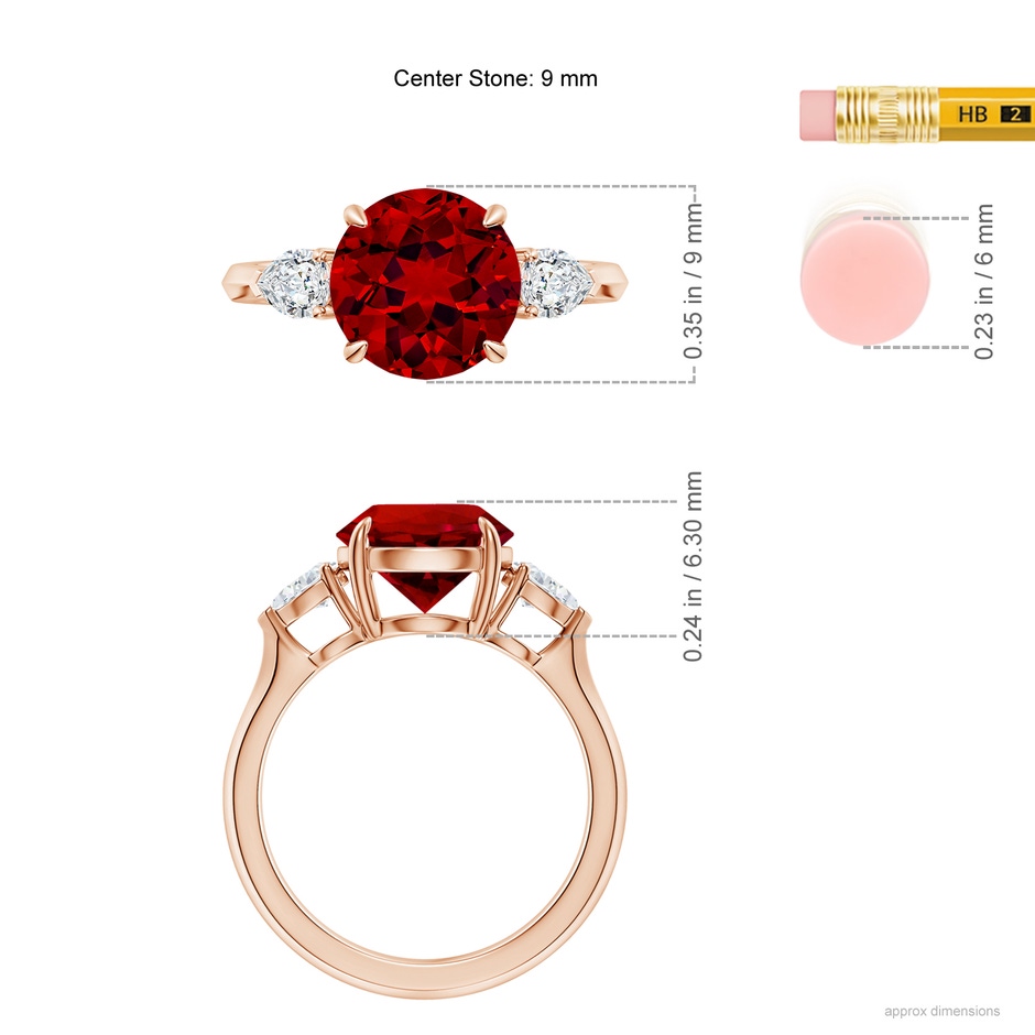 9mm Labgrown Lab-Grown Round Ruby and Pear Diamond Three Stone Engagement Ring in Rose Gold ruler