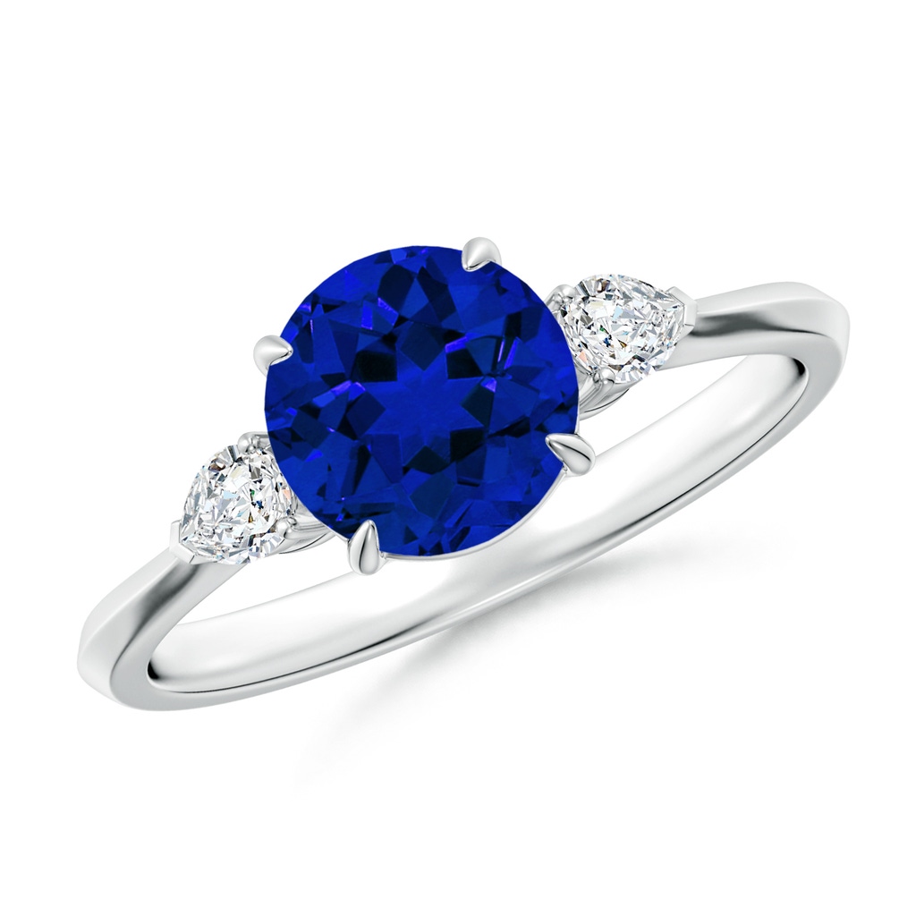 7mm Labgrown Lab-Grown Round Blue Sapphire and Pear Diamond Three Stone Engagement Ring in P950 Platinum