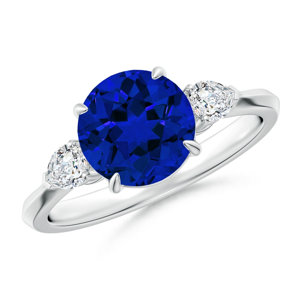 8mm Labgrown Lab-Grown Round Blue Sapphire and Pear Diamond Three Stone Engagement Ring in White Gold 