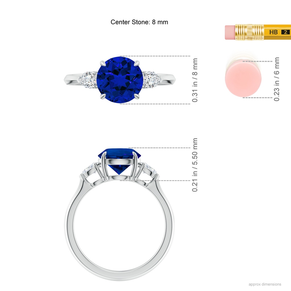 8mm Labgrown Lab-Grown Round Blue Sapphire and Pear Diamond Three Stone Engagement Ring in White Gold ruler