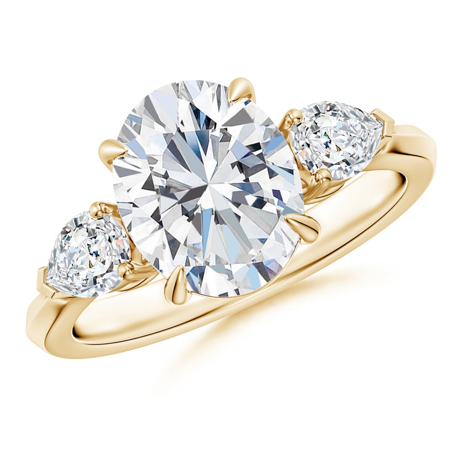10x8mm FGVS Lag-Grown Oval Diamond and Pear Diamond Three Stone Engagement Ring in 18K Yellow Gold