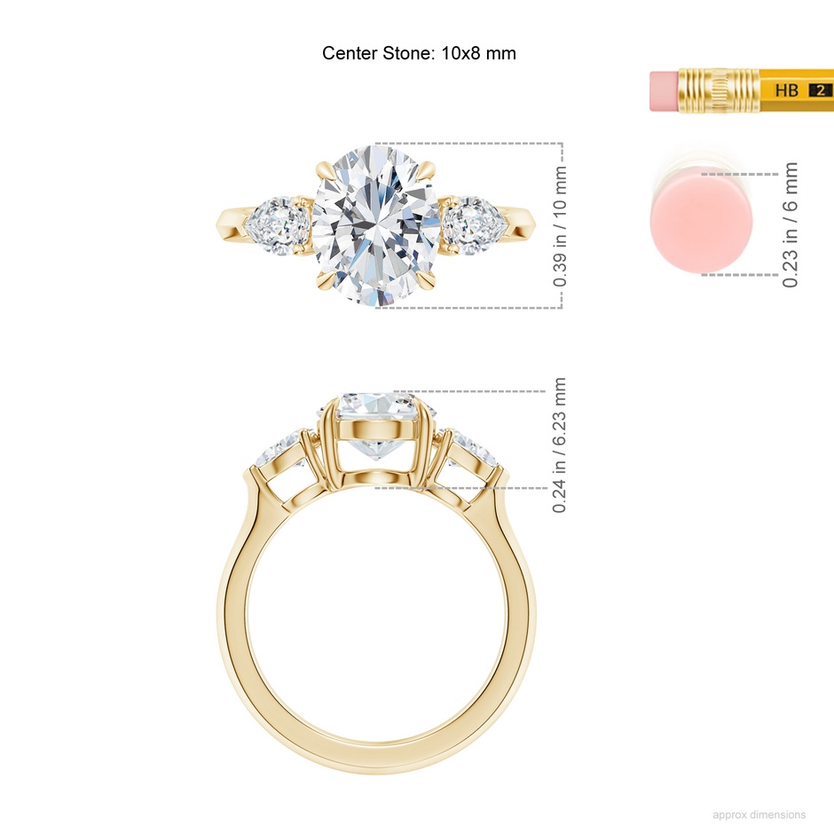 10x8mm FGVS Lag-Grown Oval Diamond and Pear Diamond Three Stone Engagement Ring in Yellow Gold ruler