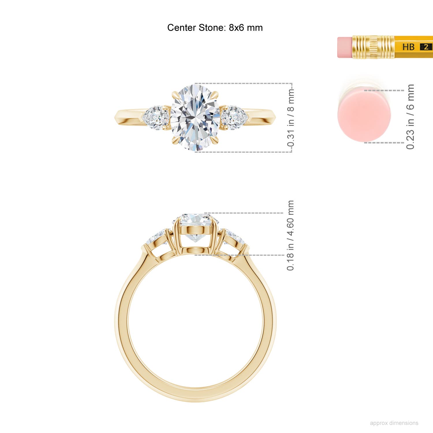8x6mm FGVS Lag-Grown Oval Diamond and Pear Diamond Three Stone Engagement Ring in 18K Yellow Gold - ruler
