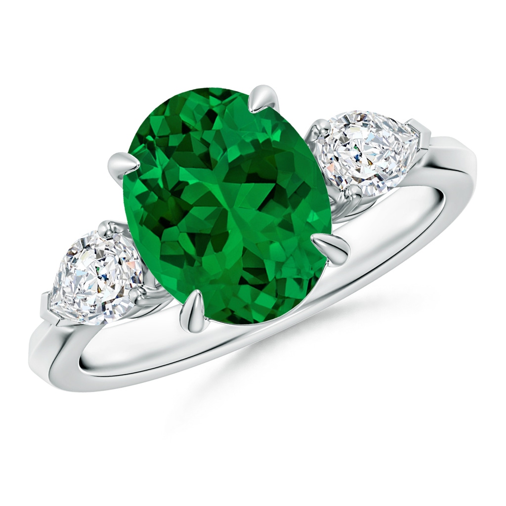 10x8mm Labgrown Lab-Grown Oval Emerald and Pear Diamond Three Stone Engagement Ring in P950 Platinum