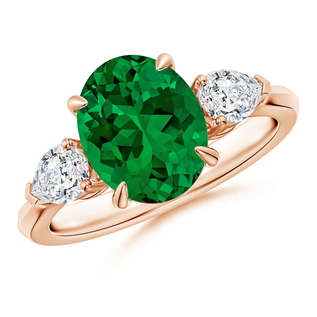 10x8mm Labgrown Lab-Grown Oval Emerald and Pear Diamond Three Stone Engagement Ring in Rose Gold