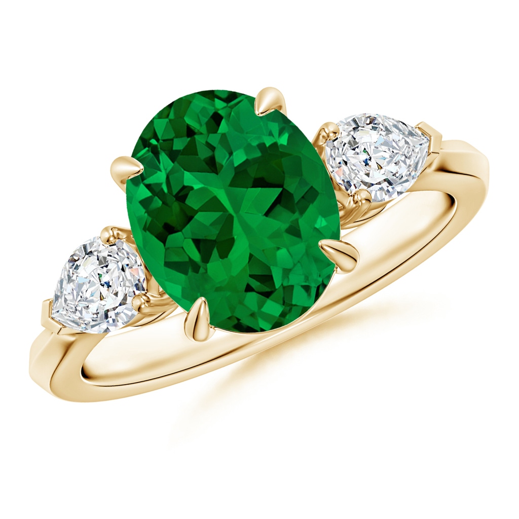 10x8mm Labgrown Lab-Grown Oval Emerald and Pear Diamond Three Stone Engagement Ring in Yellow Gold