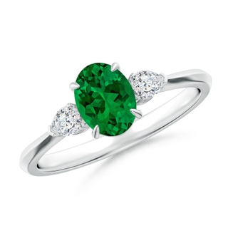 7x5mm Labgrown Lab-Grown Oval Emerald and Pear Diamond Three Stone Engagement Ring in P950 Platinum