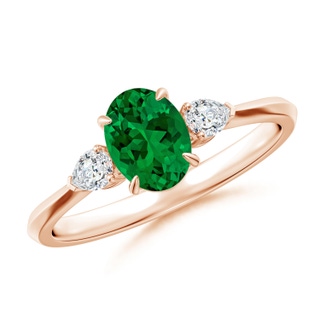 7x5mm Labgrown Lab-Grown Oval Emerald and Pear Diamond Three Stone Engagement Ring in Rose Gold