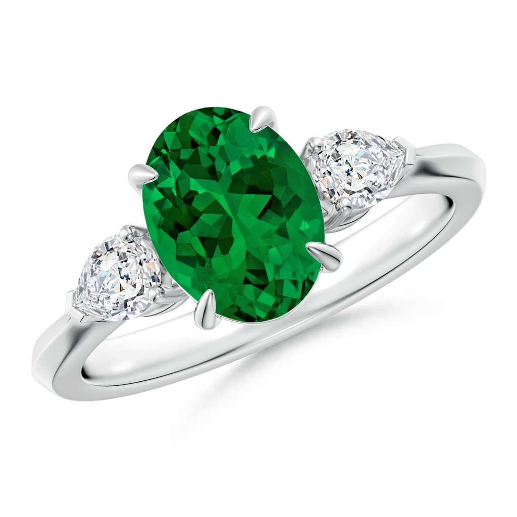9x7mm Labgrown Lab-Grown Oval Emerald and Pear Diamond Three Stone Engagement Ring in White Gold