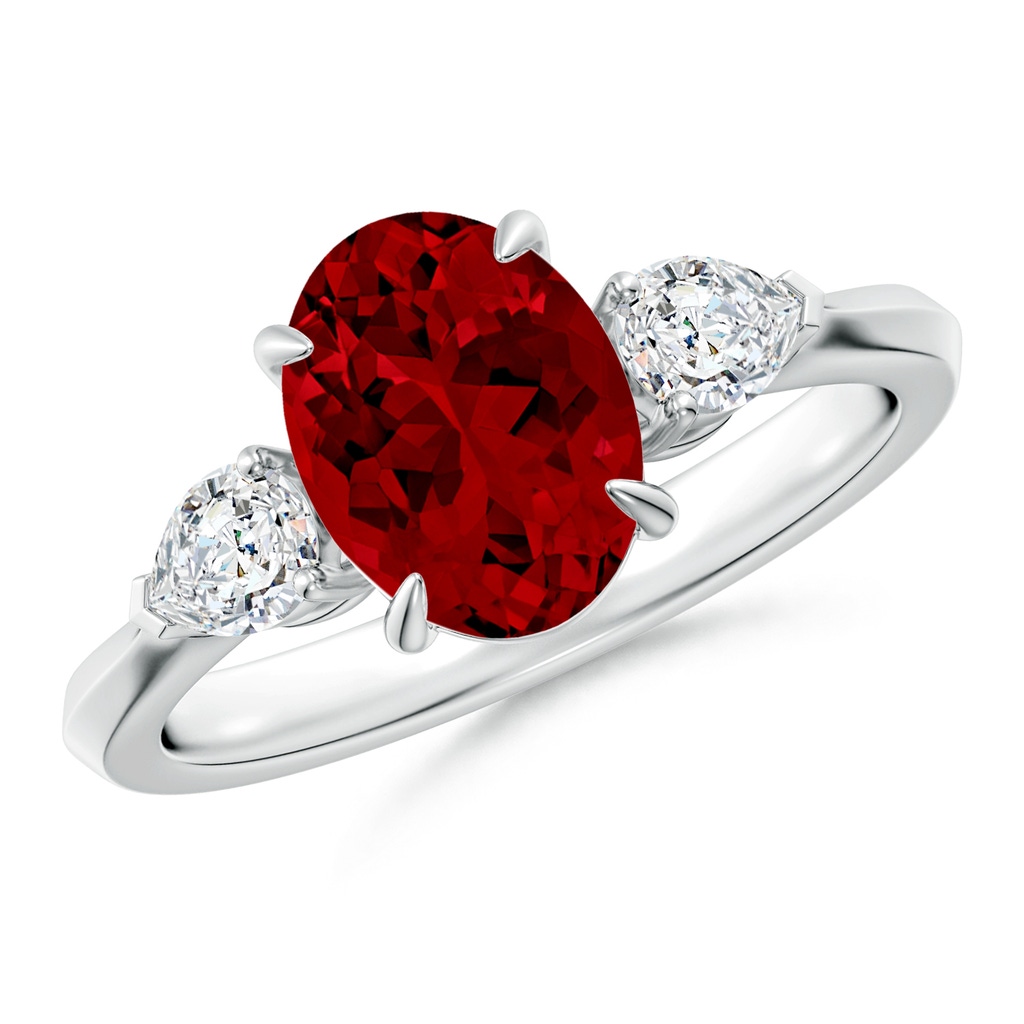 9x7mm Labgrown Lab-Grown Oval Ruby and Pear Diamond Three Stone Engagement Ring in White Gold