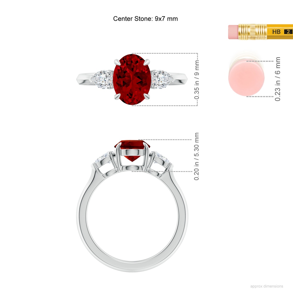 9x7mm Labgrown Lab-Grown Oval Ruby and Pear Diamond Three Stone Engagement Ring in White Gold ruler