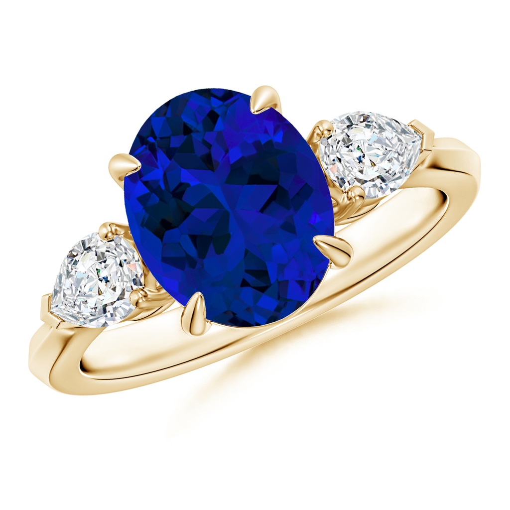 10x8mm Labgrown Lab-Grown Oval Blue Sapphire and Pear Diamond Three Stone Engagement Ring in Yellow Gold